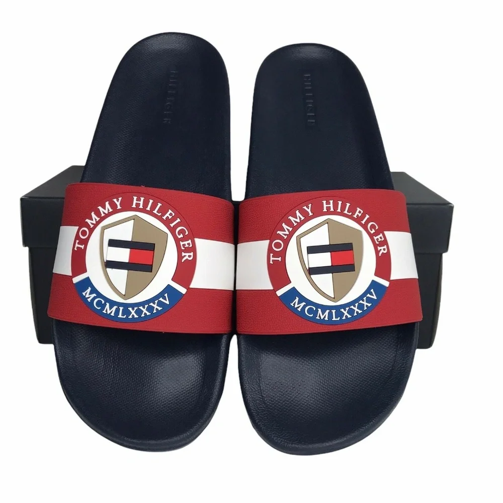 Tommy Hilfiger Mens Reboot Pool Slide Sandals Red Navy Blue Slip On size 10